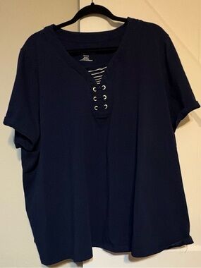 Catherines Navy Lace-Up V-Neck Short Sleeve Top